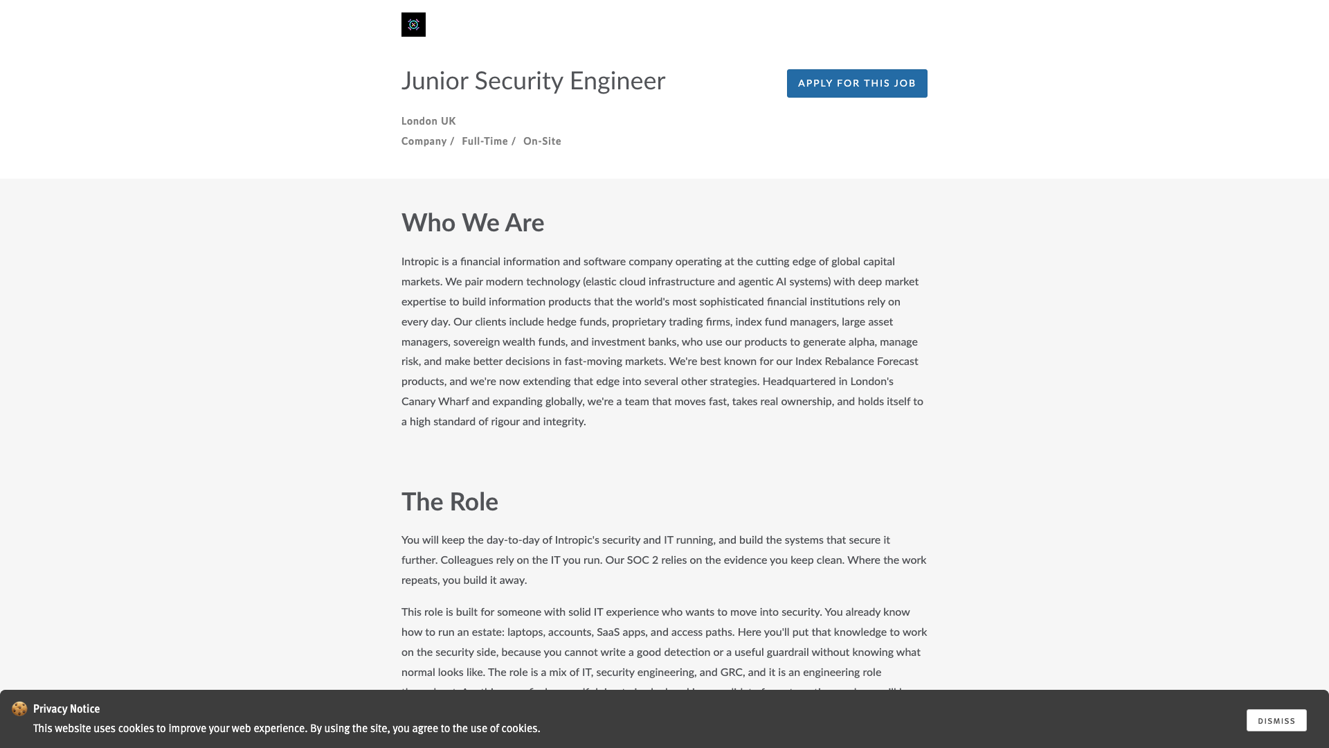 Screenshot of the Intropic Junior Security Engineer job posting, captured 2026-09-05