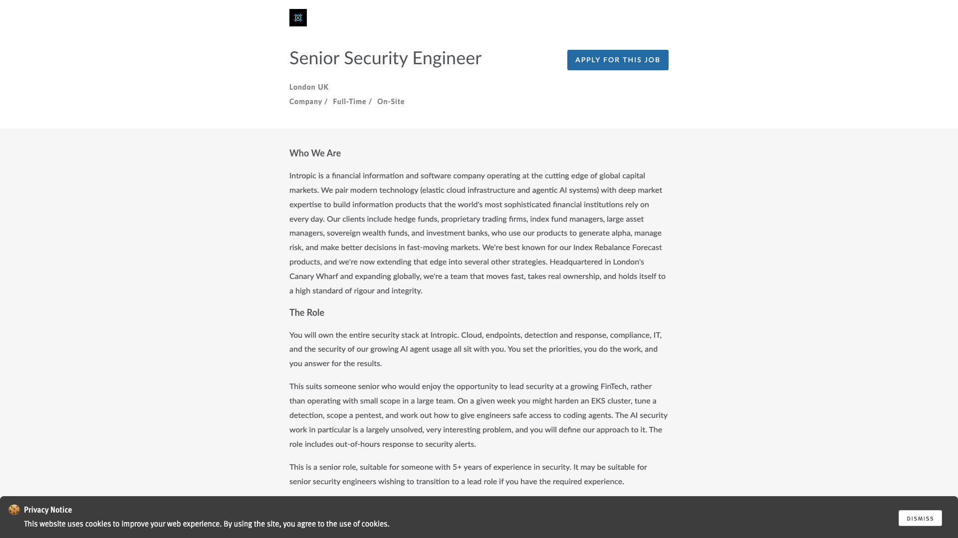 Screenshot of the Intropic Senior Security Engineer job posting, captured 2026-09-05