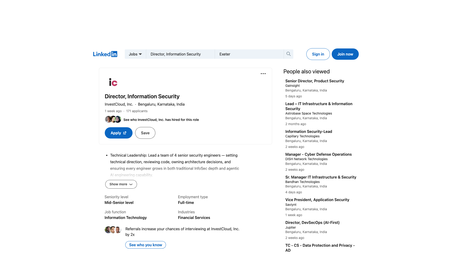 Screenshot of the InvestCloud Director, Information Security job posting, captured 2026-09-05