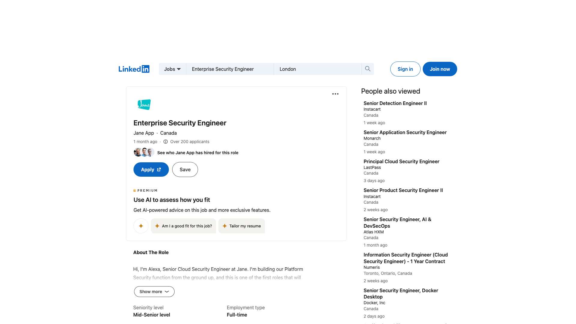 Screenshot of the Jane App Enterprise Security Engineer job posting, captured 2026-09-05