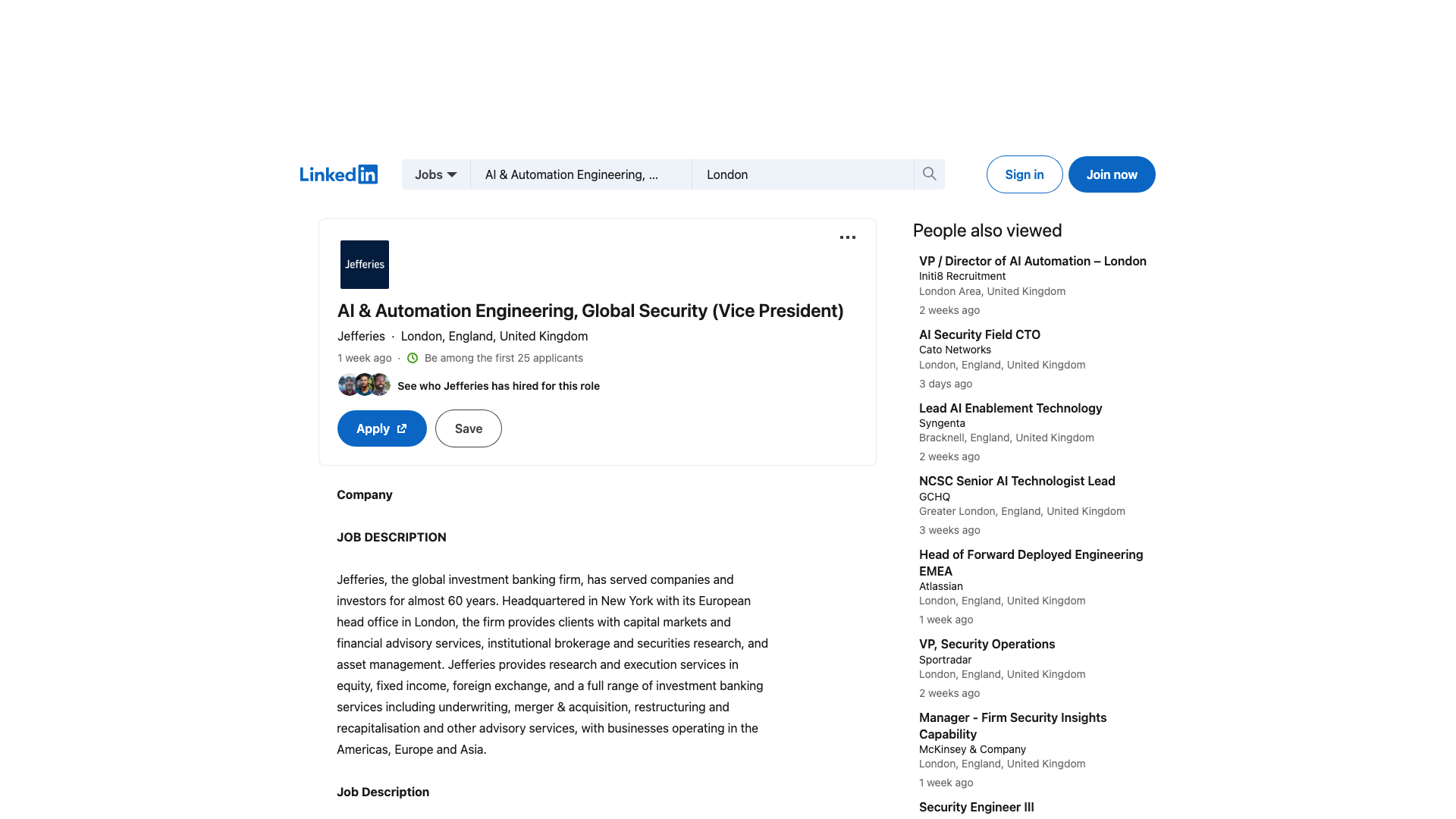 Screenshot of the Jefferies AI & Automation Engineering, Global Security (Vice President) job posting, captured 2026-09-05