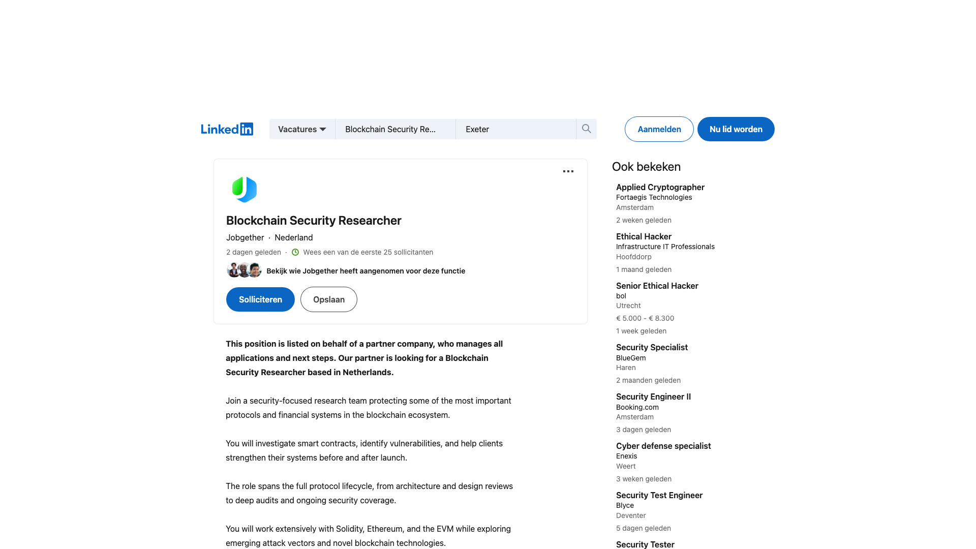 Screenshot of the Jobgether Blockchain Security Researcher job posting, captured 2026-09-05