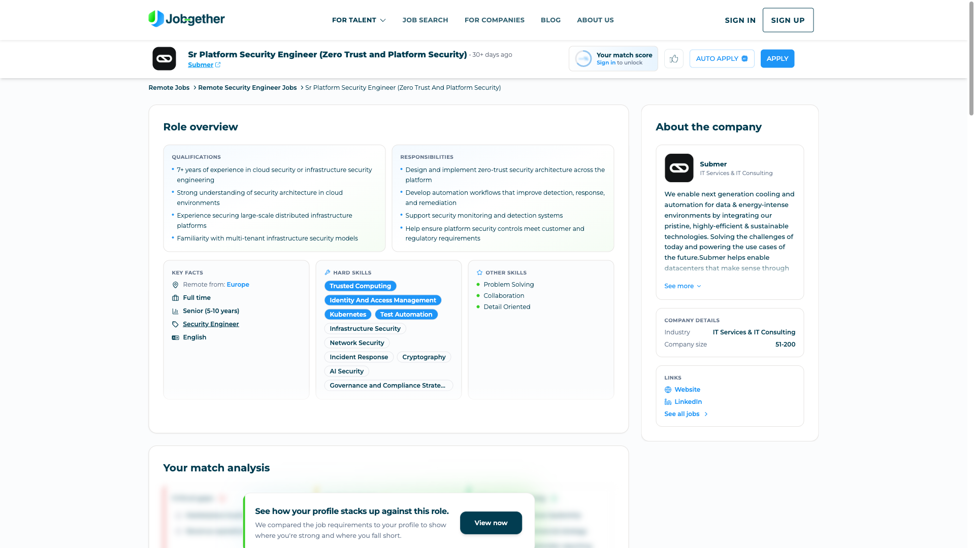 Screenshot of the Jobgether Sr Platform Security Engineer (Zero Trust and Platform Security) job posting, captured 2026-09-05