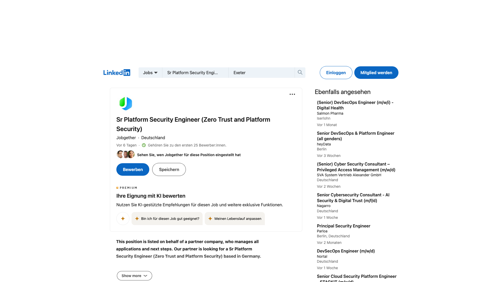Screenshot of the Jobgether Sr Platform Security Engineer (Zero Trust and Platform Security) job posting, captured 2026-09-05