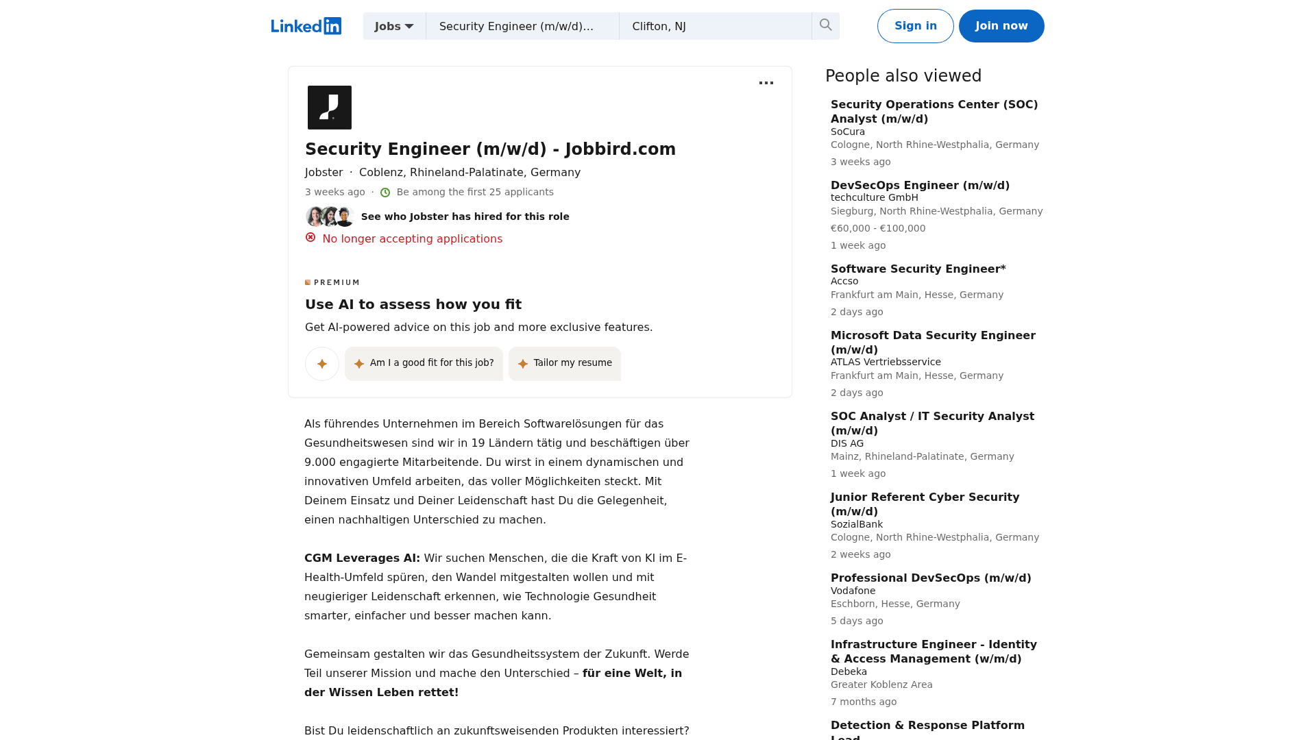 Screenshot of the CGM (CompuGroup Medical) Security Engineer (m/w/d) job posting, captured 2026-08-31