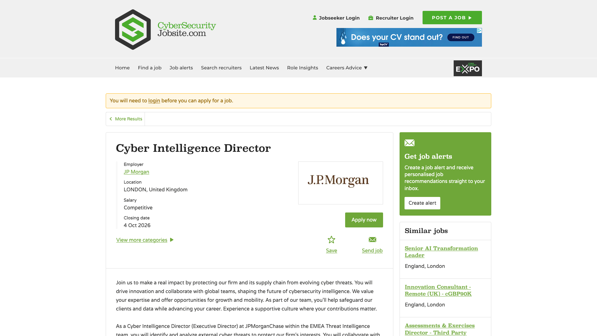 Screenshot of the JPMorganChase Cyber Intelligence Director (Executive Director) job posting, captured 2026-09-05