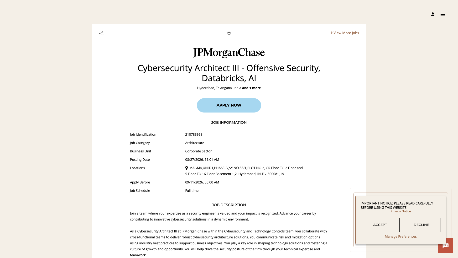 Screenshot of the JPMorganChase Cybersecurity Architect III - Offensive Security, Databricks, AI job posting, captured 2026-09-05