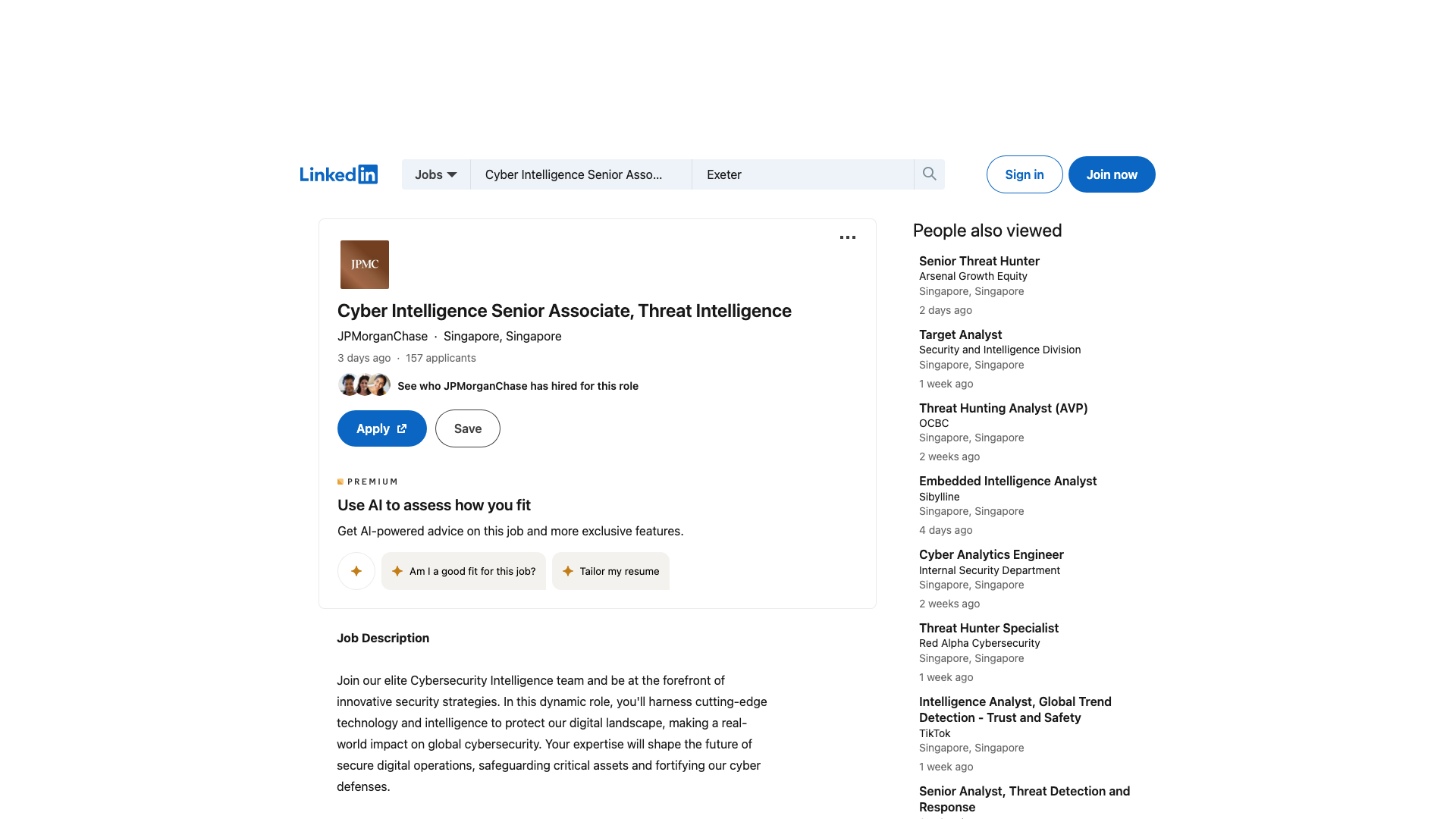Screenshot of the JPMorganChase Cyber Intelligence Senior Associate, Threat Intelligence job posting, captured 2026-09-05