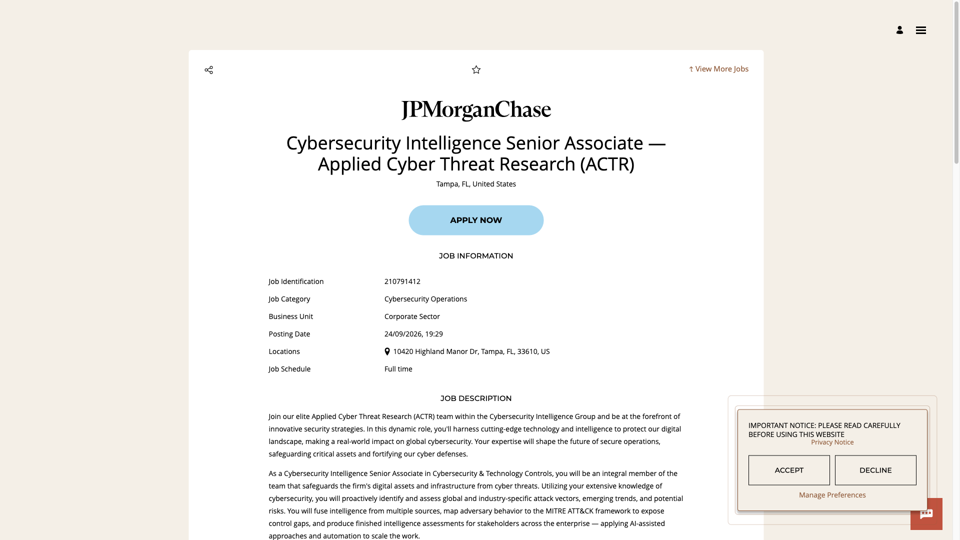 Screenshot of the JPMorganChase Cybersecurity Intelligence Senior Associate — Applied Cyber Threat Research (ACTR) job posting, captured 2026-10-01