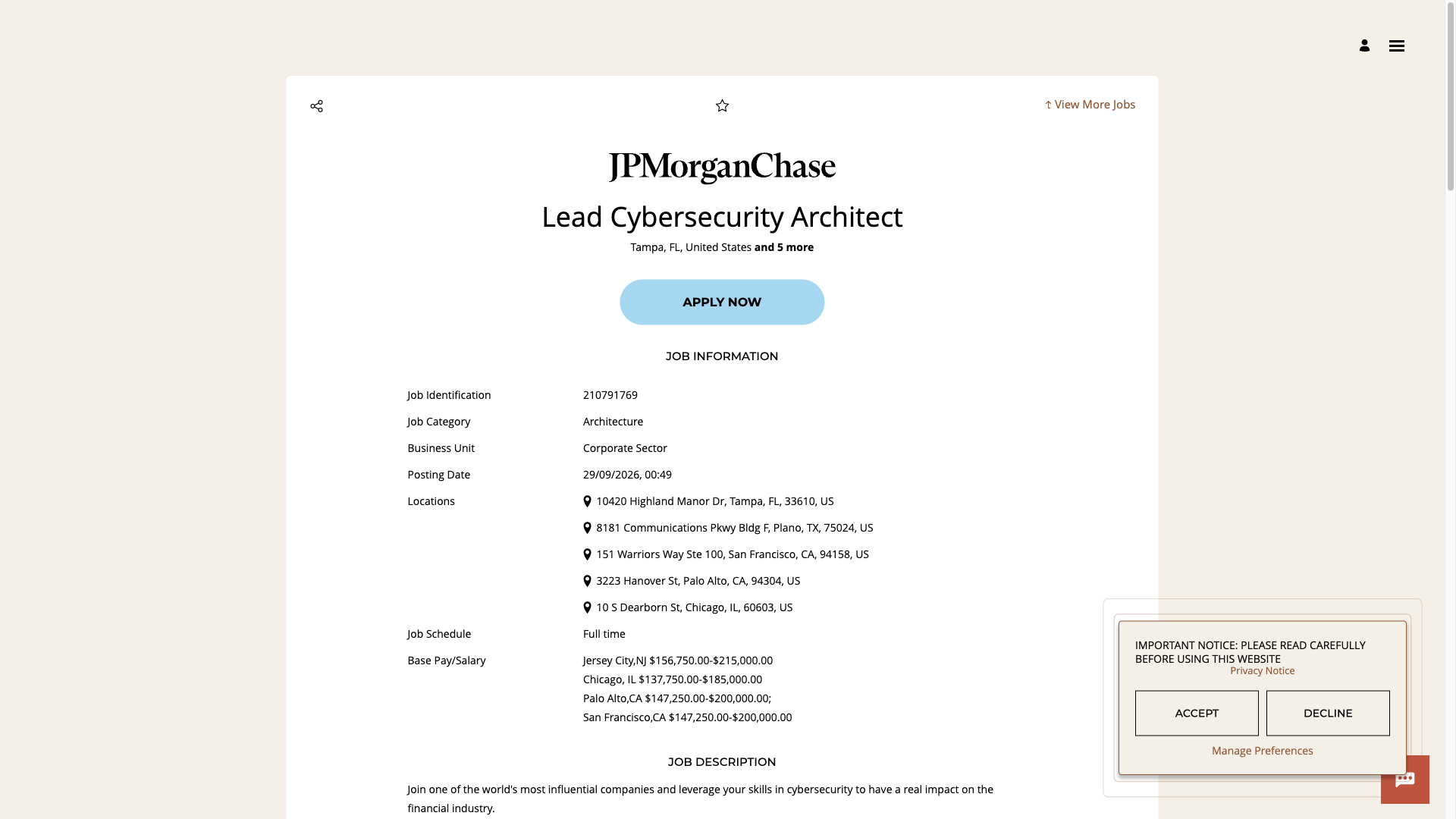 Screenshot of the JPMorganChase Lead Cybersecurity Architect job posting, captured 2026-10-01
