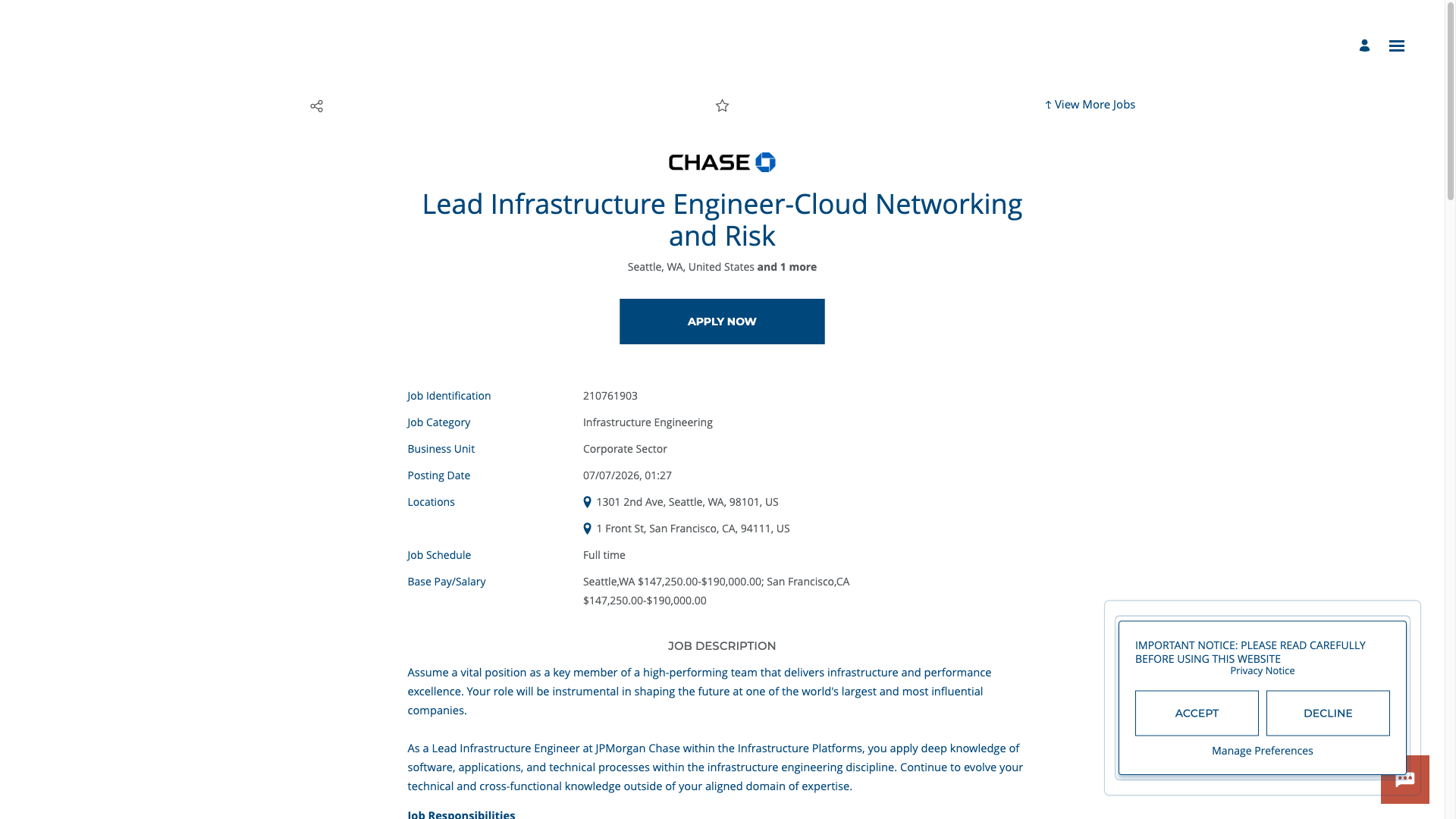 Screenshot of the JPMorganChase Lead Infrastructure Engineer - Cloud Networking and Risk job posting, captured 2026-09-24