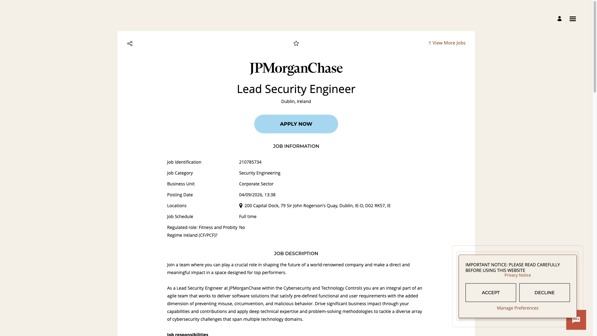 Screenshot of the JPMorganChase Lead Security Engineer job posting, captured 2026-10-01