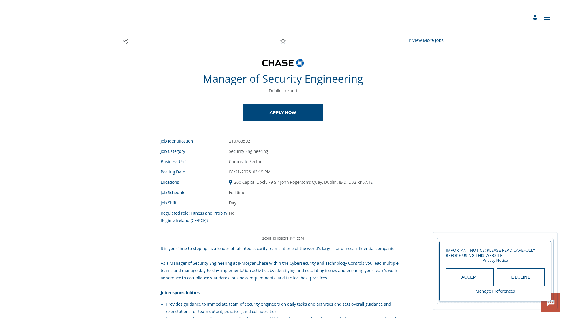 Screenshot of the JPMorganChase Manager of Security Engineering job posting, captured 2026-08-31