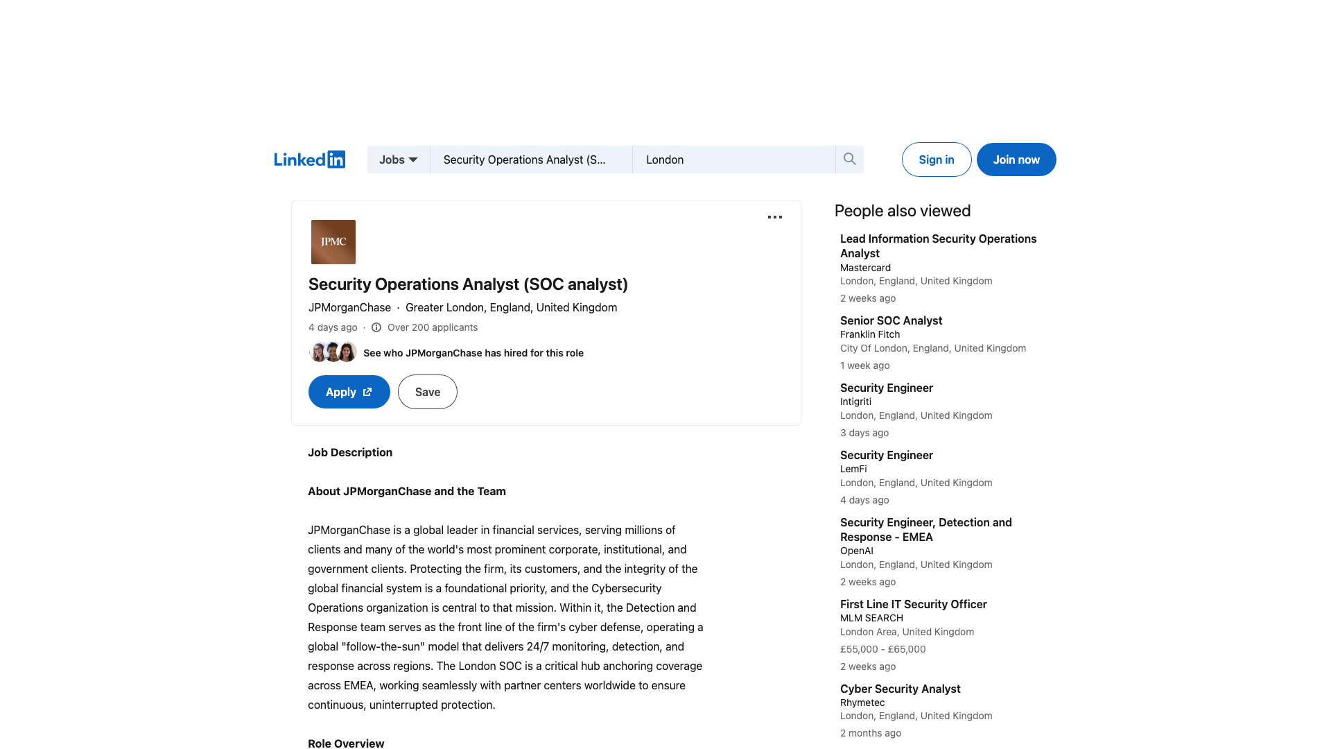 Screenshot of the JPMorganChase Security Operations Analyst (SOC analyst) job posting, captured 2026-09-05