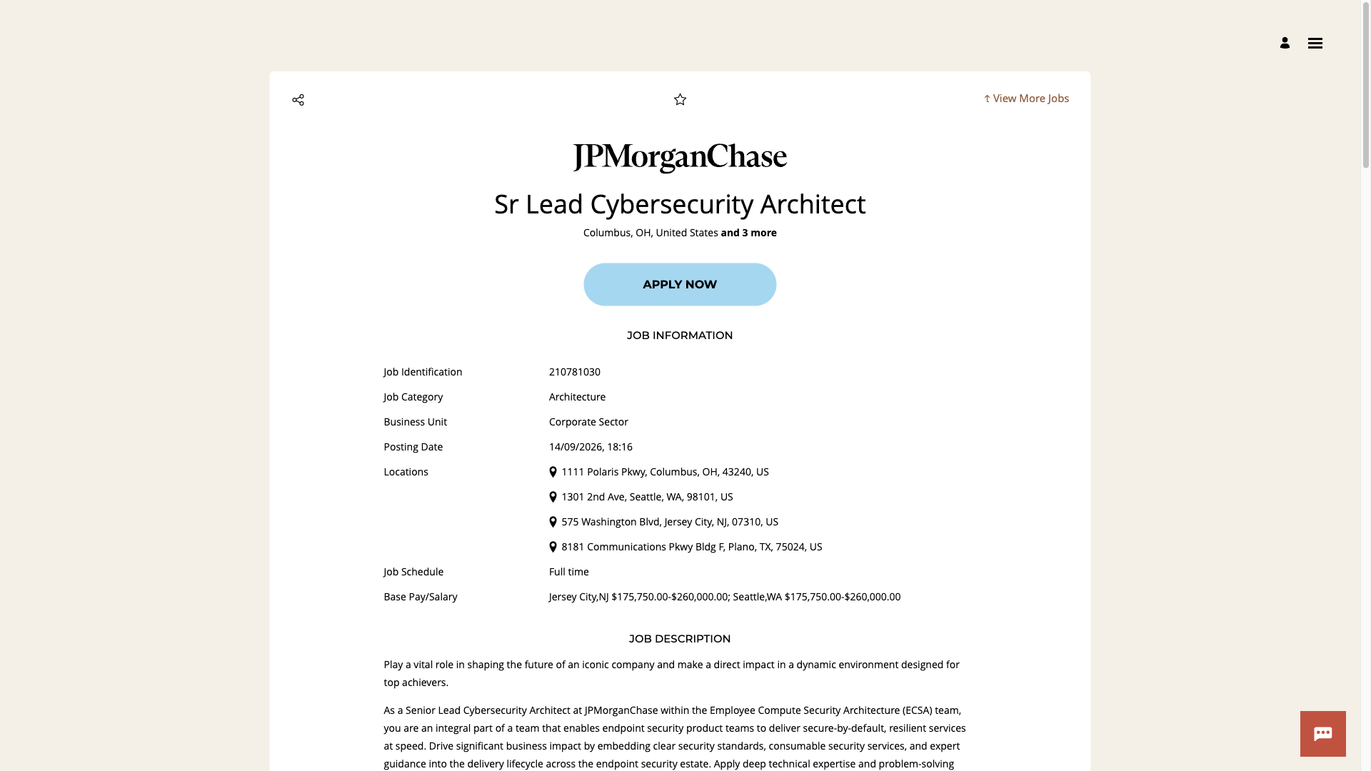 Screenshot of the JPMorganChase Sr Lead Cybersecurity Architect job posting, captured 2026-10-01