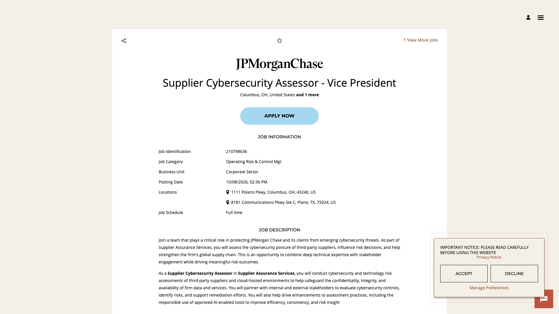 Screenshot of the JPMorganChase Supplier Cybersecurity Assessor - Vice President job posting, captured 2026-10-22