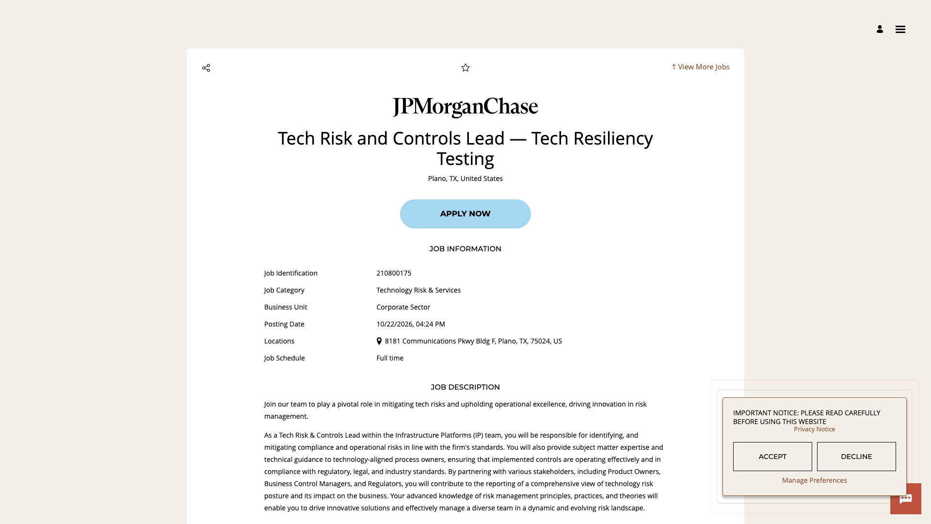 Screenshot of the JPMorganChase Tech Risk and Controls Lead — Tech Resiliency Testing job posting, captured 2026-10-22