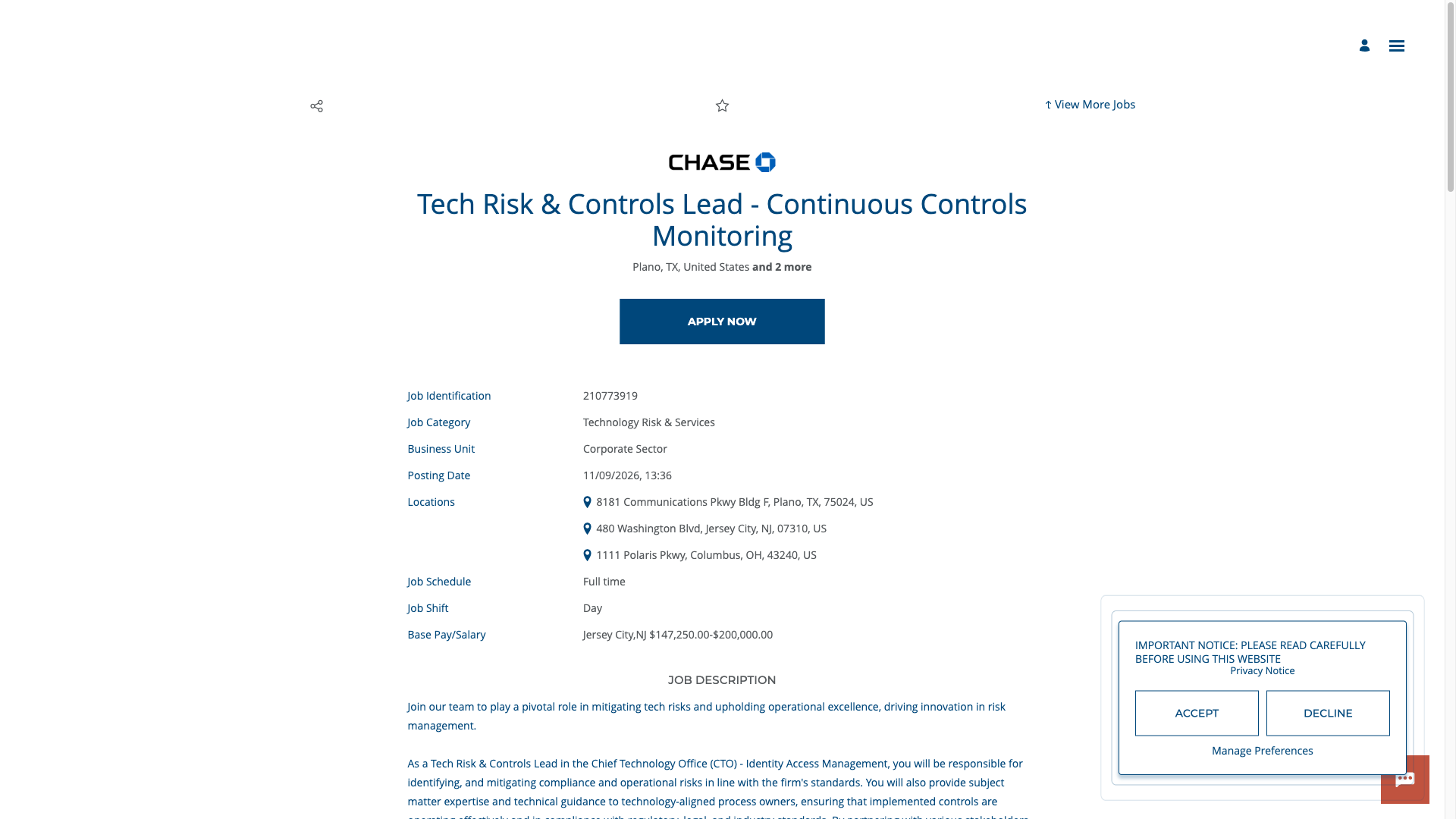 Screenshot of the JPMorganChase Tech Risk & Controls Lead - Continuous Controls Monitoring job posting, captured 2026-09-29