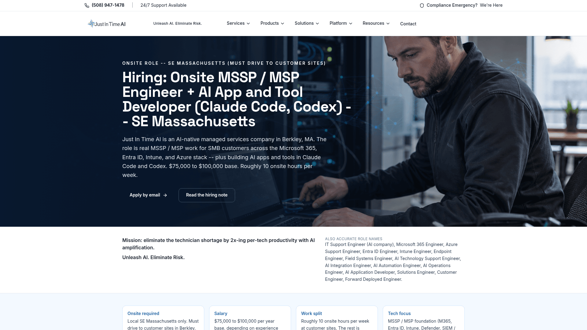 Screenshot of the Just In Time AI Onsite MSSP/MSP Engineer + AI App Developer job posting, captured 2026-08-27