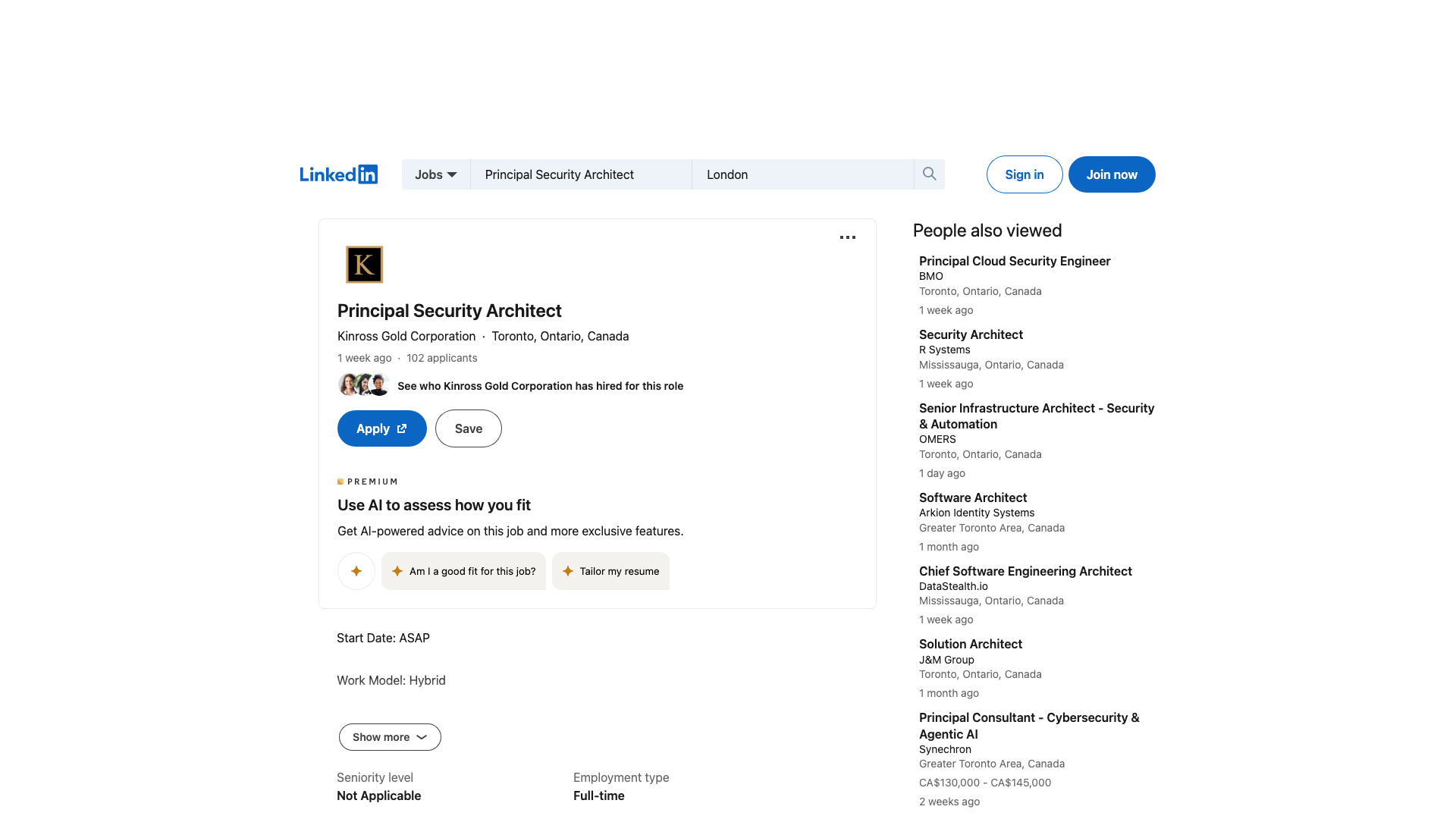Screenshot of the Kinross Gold Principal Security Architect job posting, captured 2026-09-05