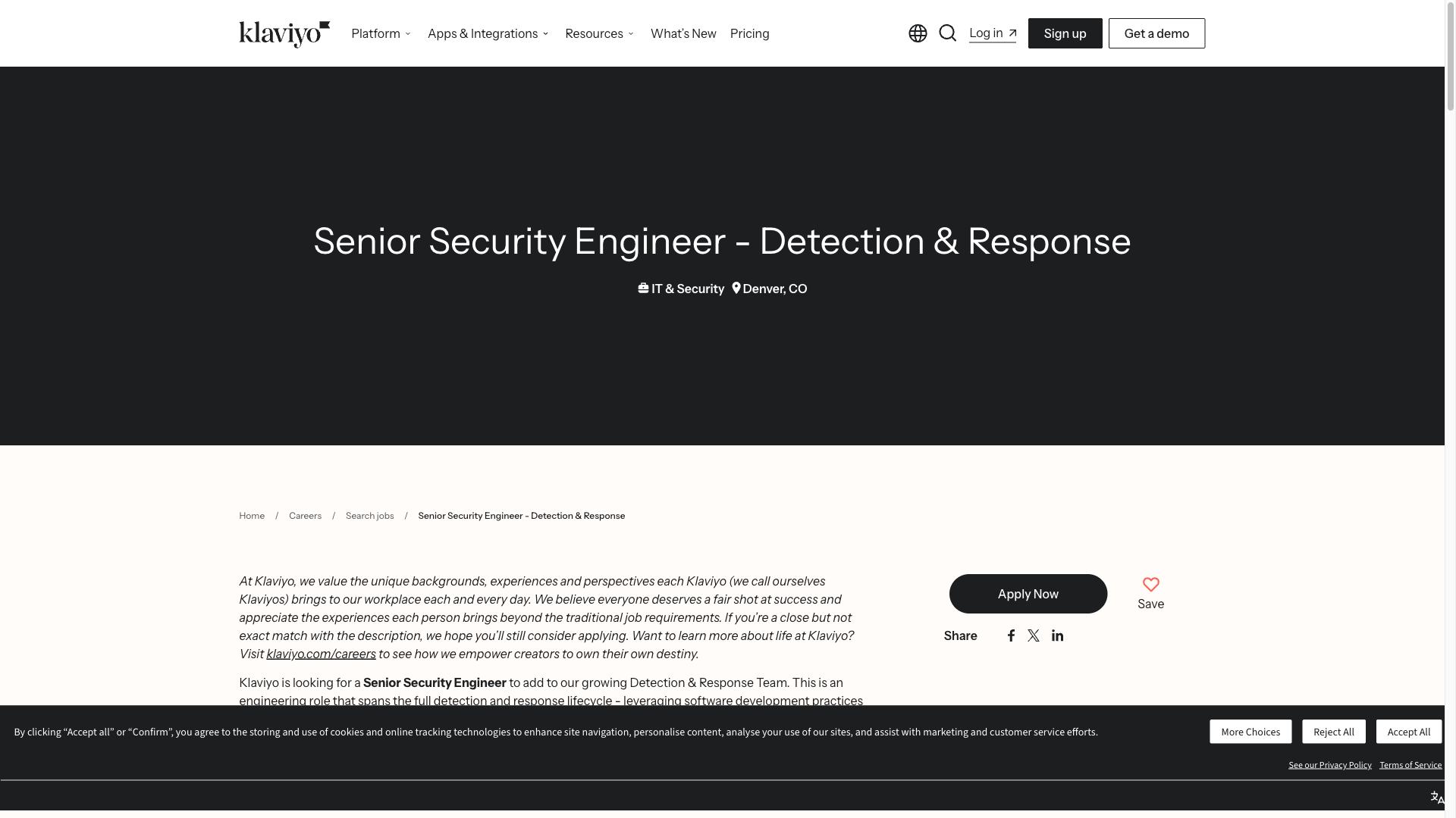 Screenshot of the Klaviyo Senior Security Engineer - Detection & Response job posting, captured 2026-10-08