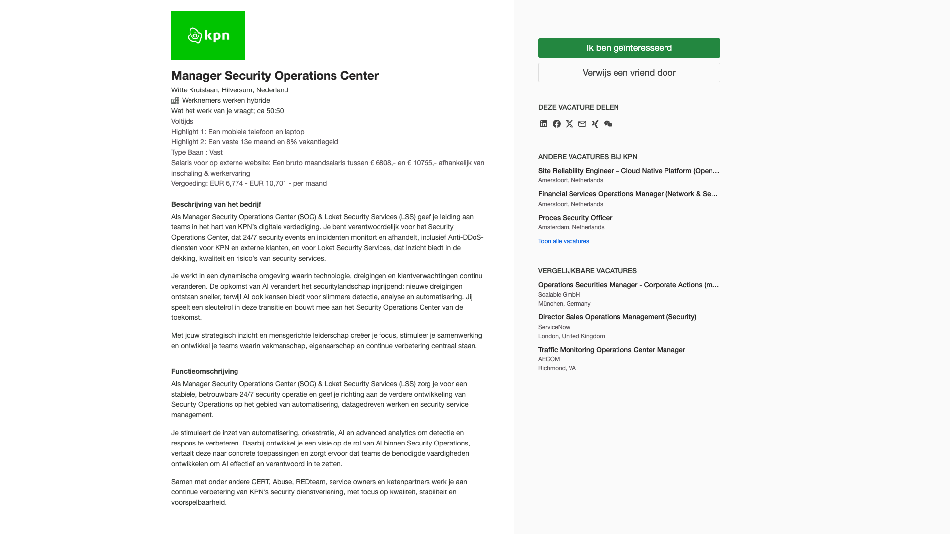 Screenshot of the KPN Manager Security Operations Center job posting, captured 2026-09-05
