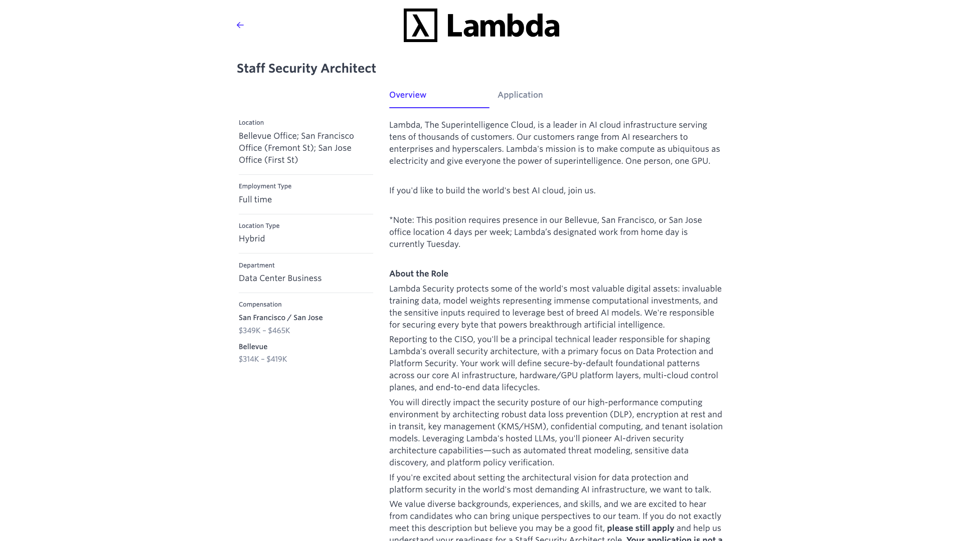 Screenshot of the Lambda Staff Security Architect job posting, captured 2026-10-22