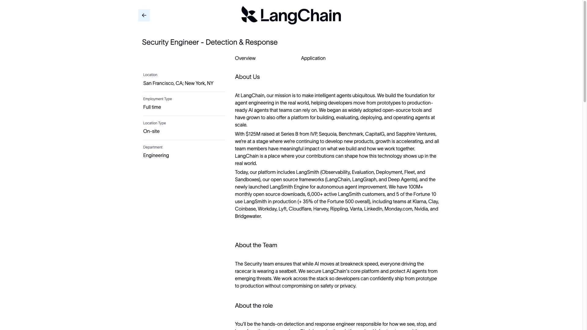 Screenshot of the LangChain Security Engineer - Detection & Response job posting, captured 2026-09-23