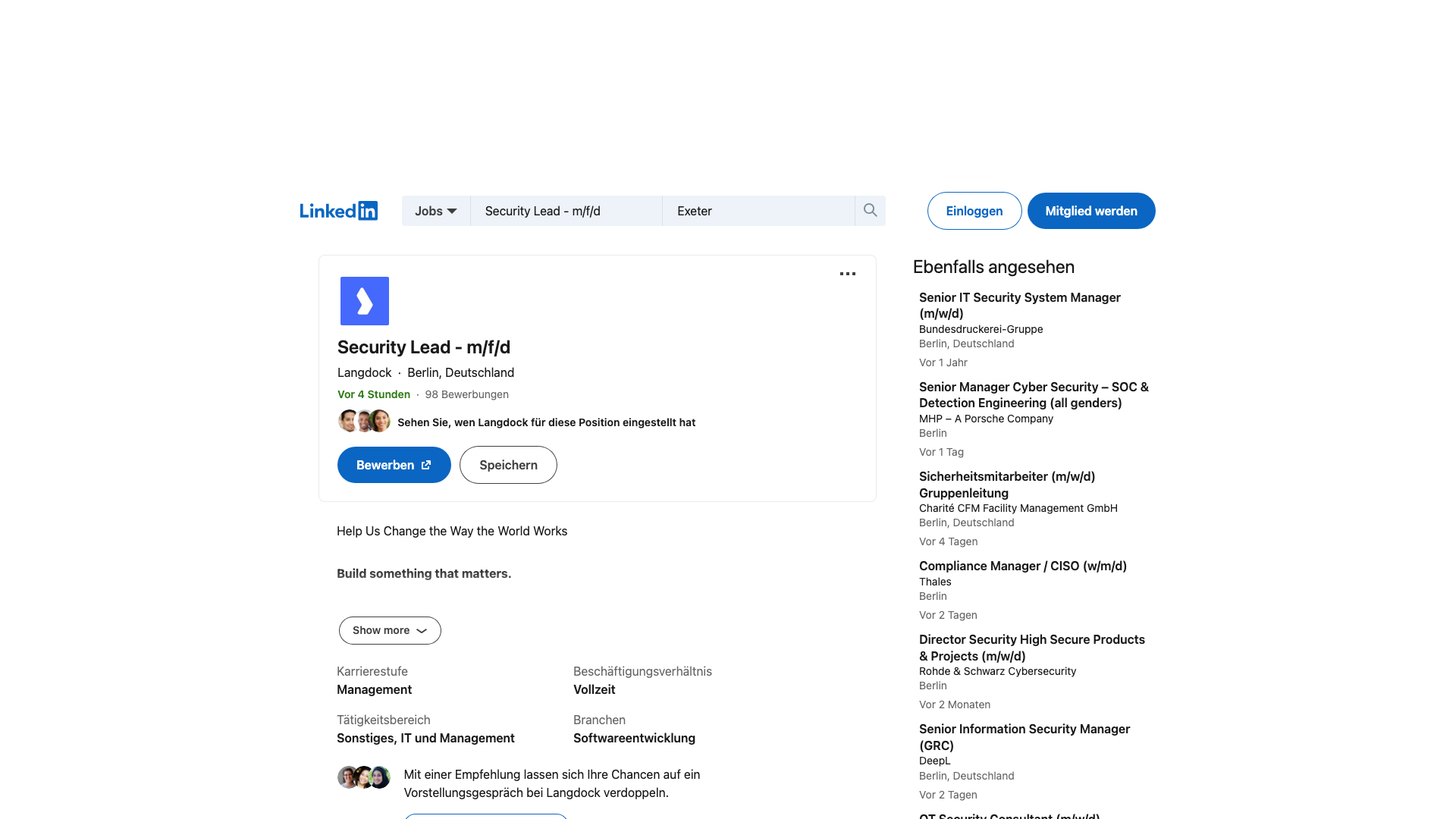 Screenshot of the Langdock Security Lead (m/f/d) job posting, captured 2026-09-05