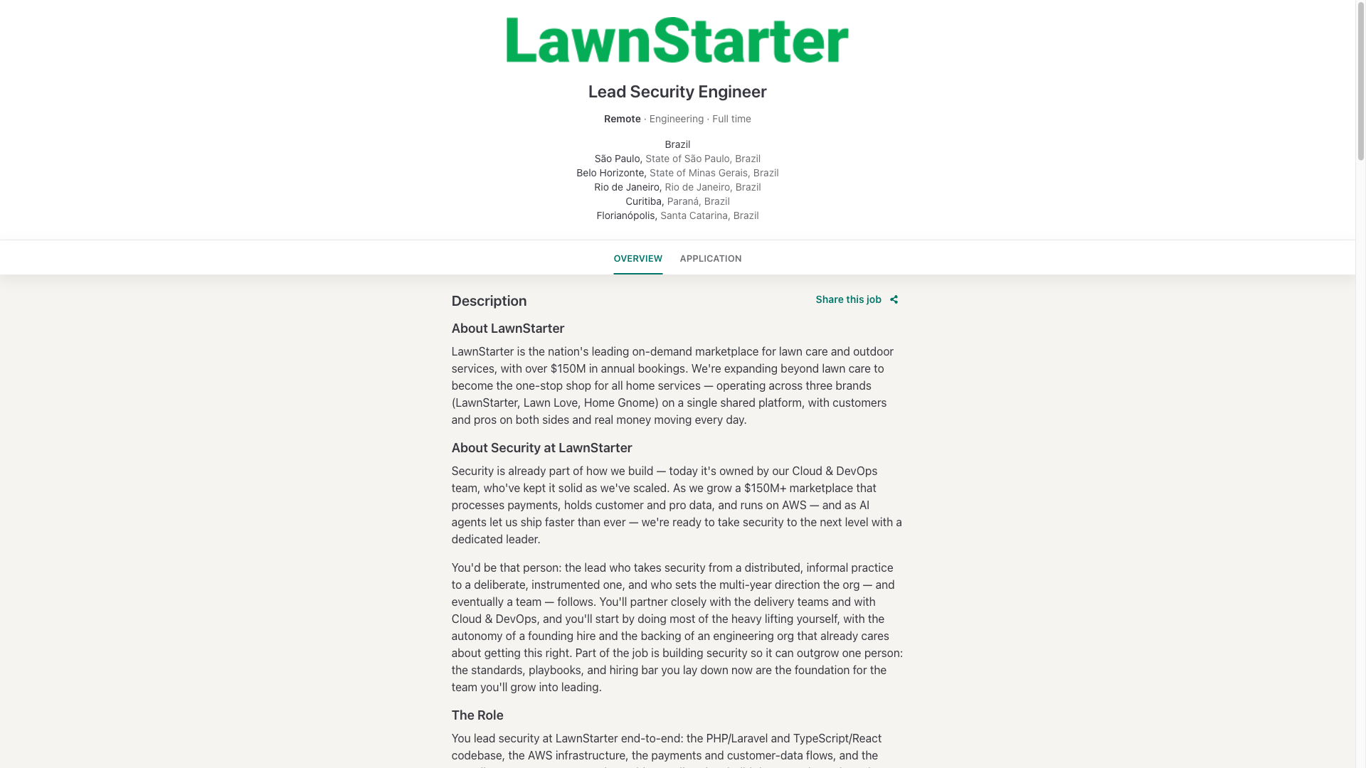 Screenshot of the LawnStarter Lead Security Engineer job posting, captured 2026-10-08