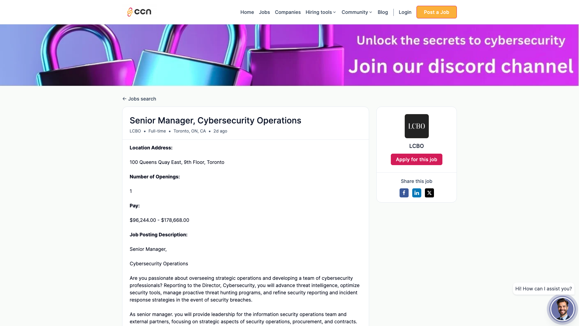 Screenshot of the LCBO Senior Manager, Cybersecurity Operations job posting, captured 2026-09-05