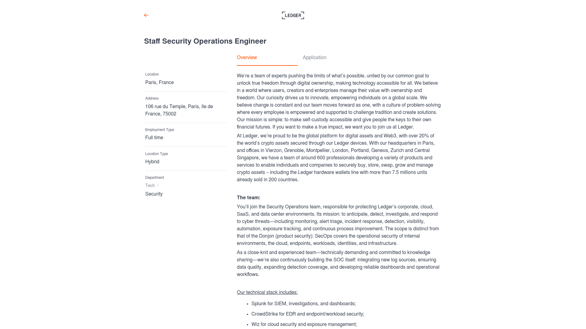 Screenshot of the Ledger Staff Security Operations Engineer job posting, captured 2026-08-27