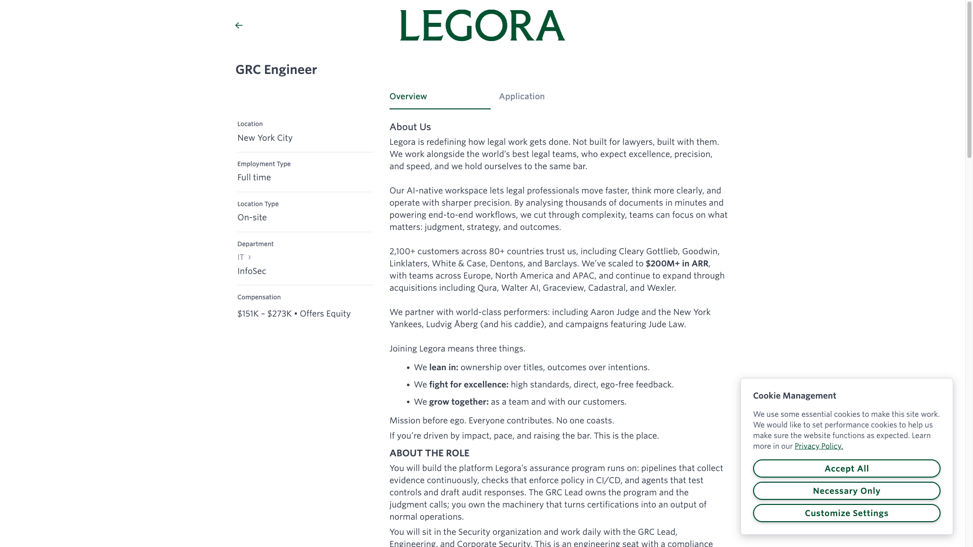 Screenshot of the Legora GRC Engineer job posting, captured 2026-09-29