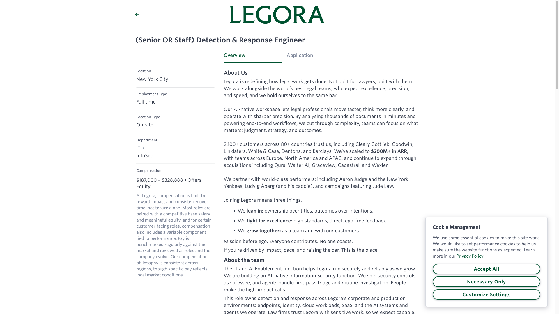 Screenshot of the Legora (Senior OR Staff) Detection & Response Engineer job posting, captured 2026-10-08