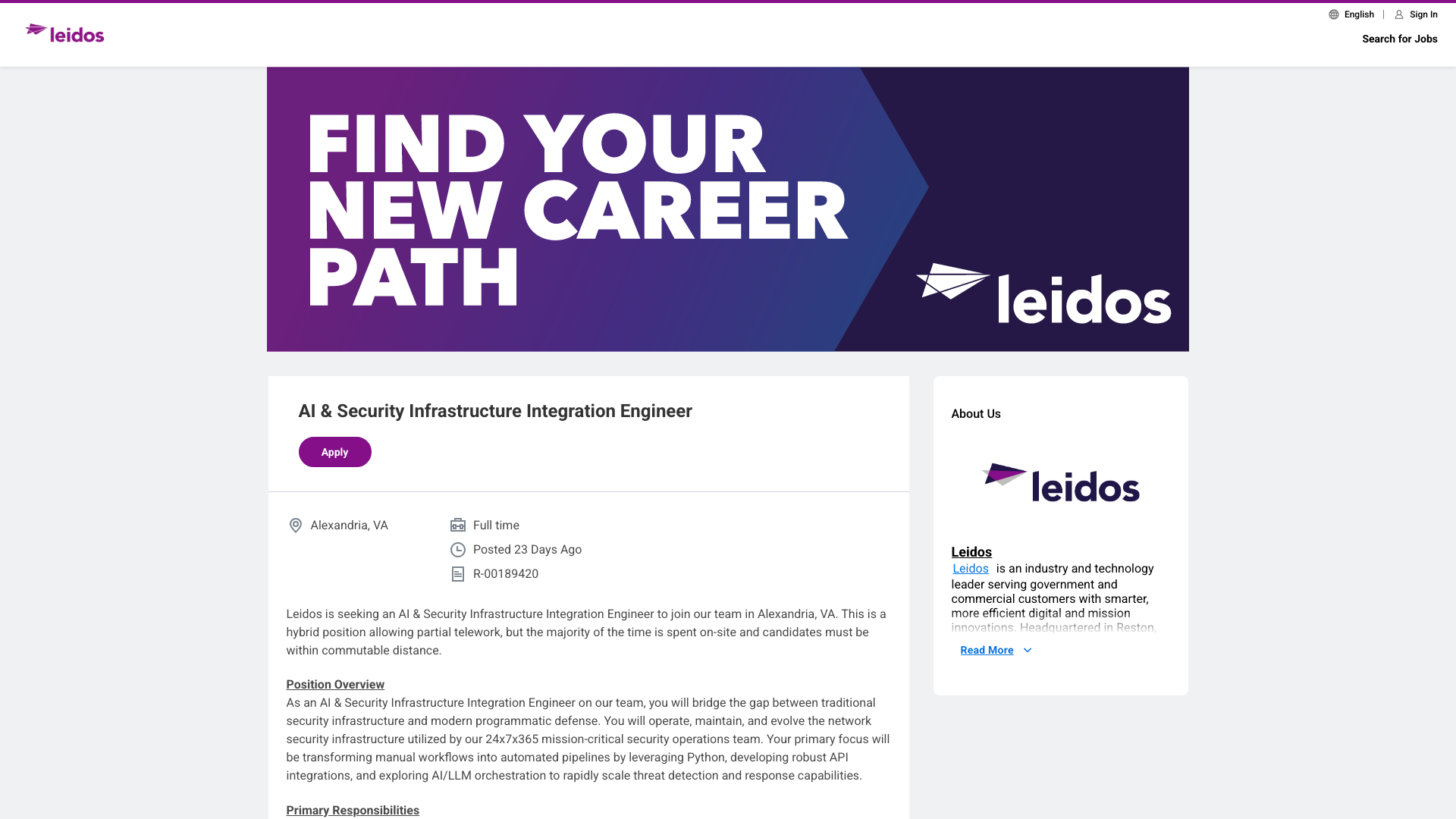 Screenshot of the Leidos AI & Security Infrastructure Integration Engineer job posting, captured 2026-09-05