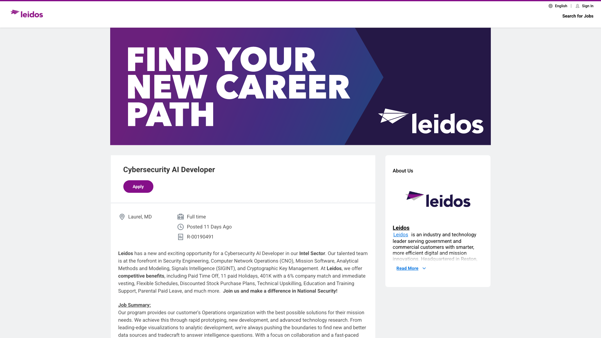 Screenshot of the Leidos Cybersecurity AI Developer job posting, captured 2026-09-05