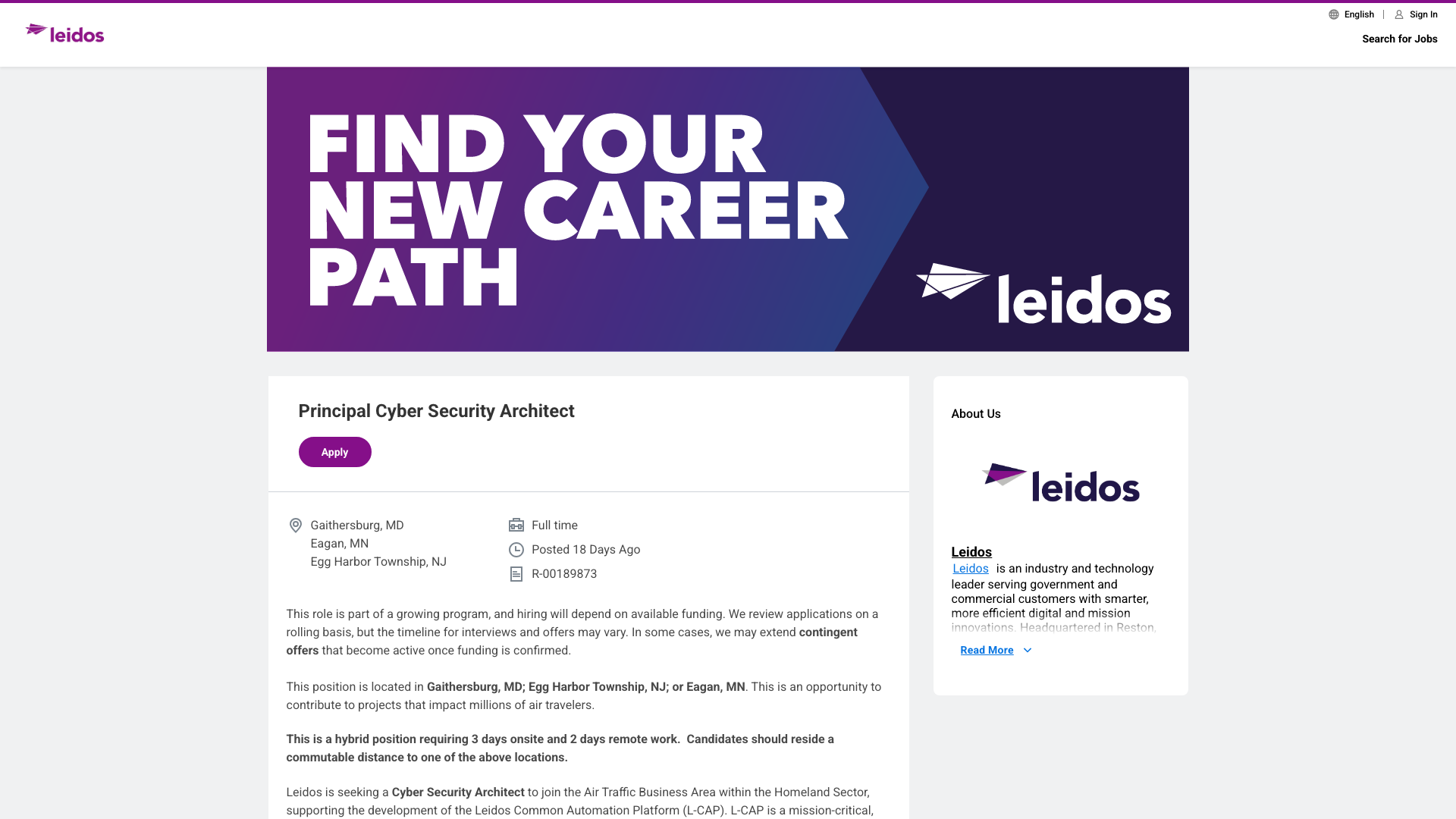 Screenshot of the Leidos Principal Cyber Security Architect job posting, captured 2026-09-05