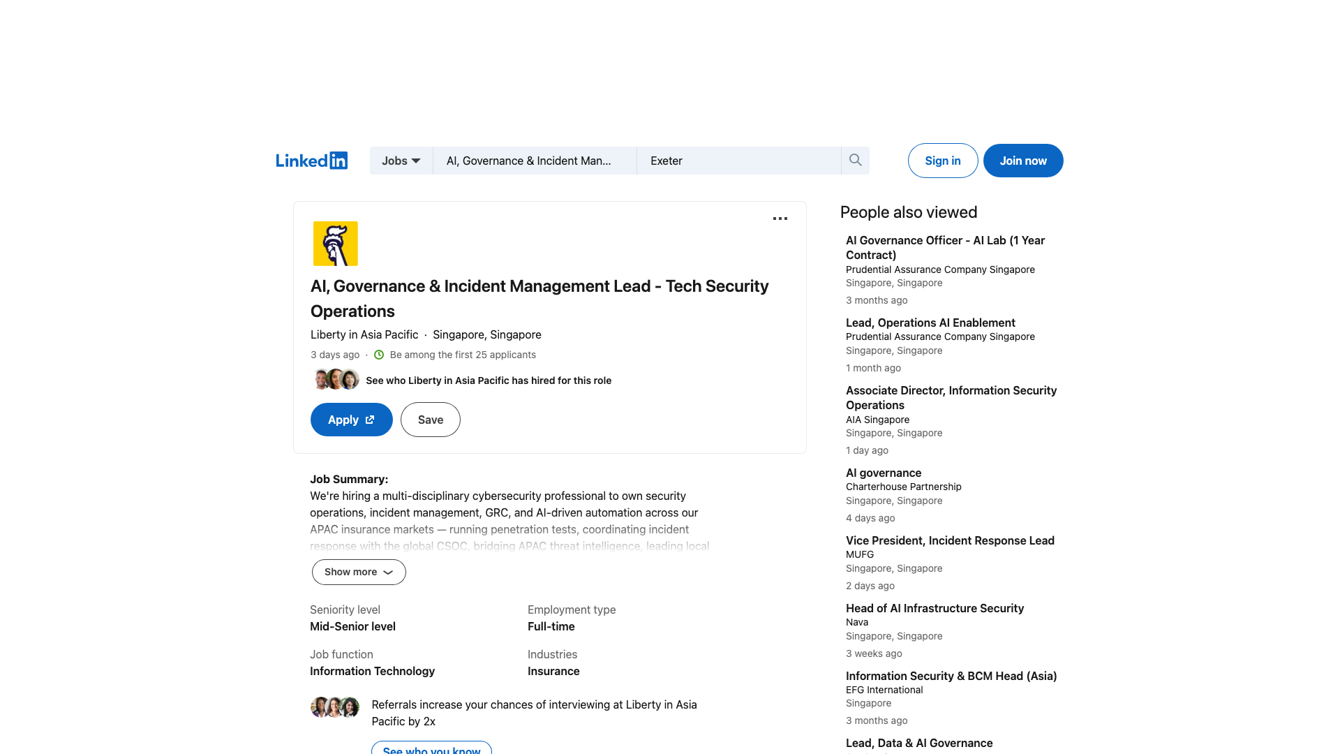 Screenshot of the Liberty in Asia Pacific AI, Governance & Incident Management Lead - Tech Security Operations job posting, captured 2026-09-05