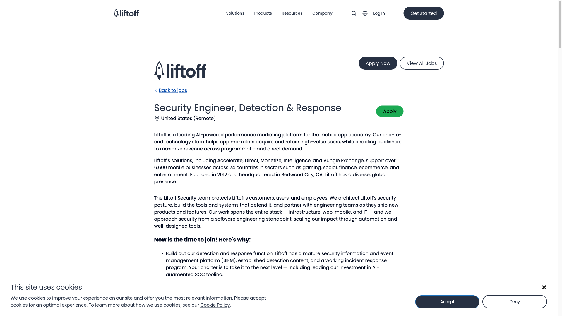 Screenshot of the Liftoff Mobile Security Engineer, Detection & Response job posting, captured 2026-10-01