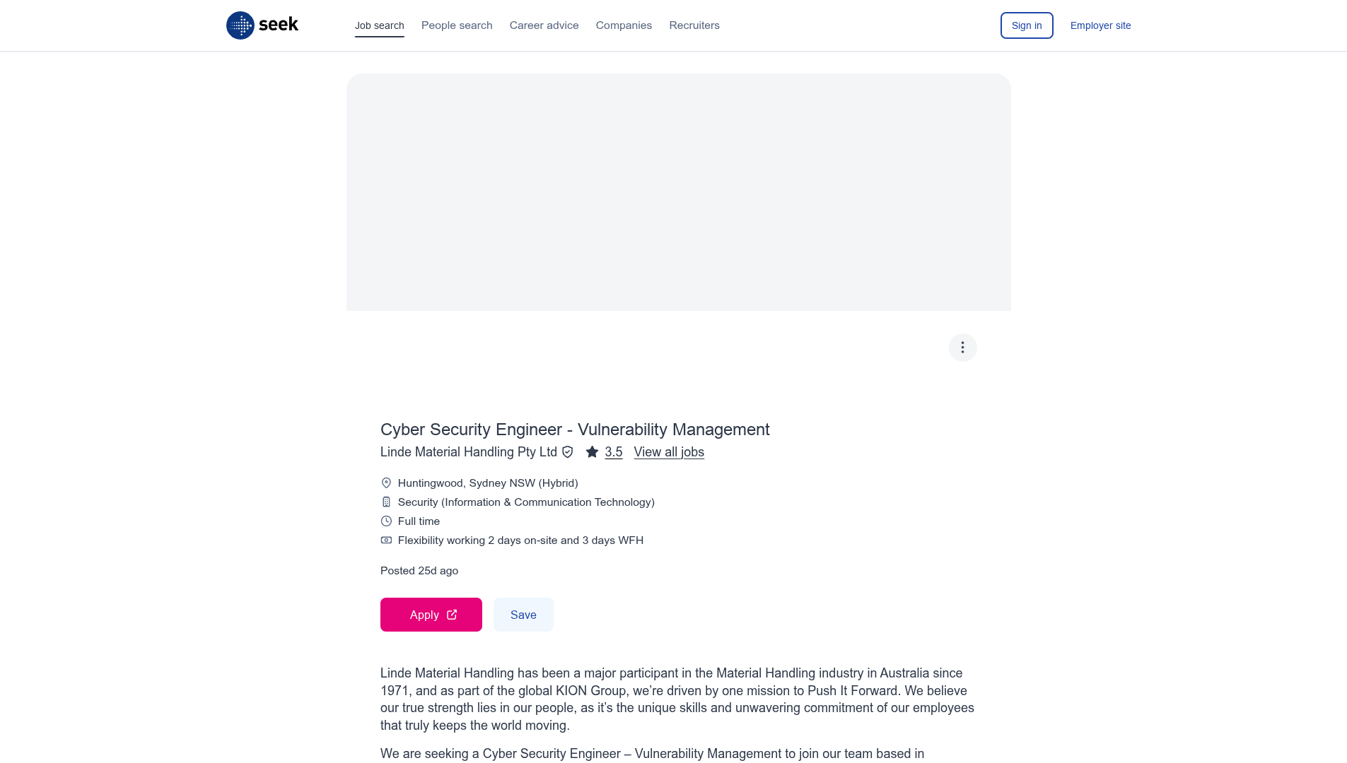 Screenshot of the Linde Material Handling Cyber Security Engineer - Vulnerability Management job posting, captured 2026-09-05