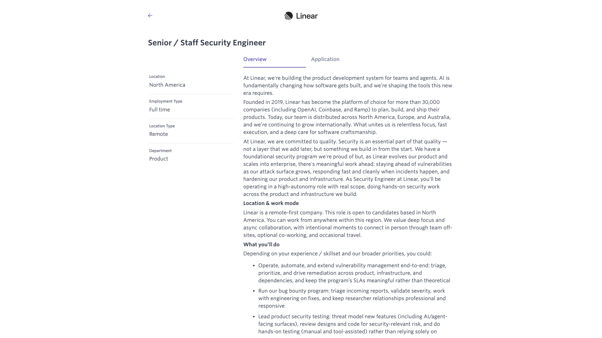 Screenshot of the Linear Senior / Staff Security Engineer job posting, captured 2026-10-22