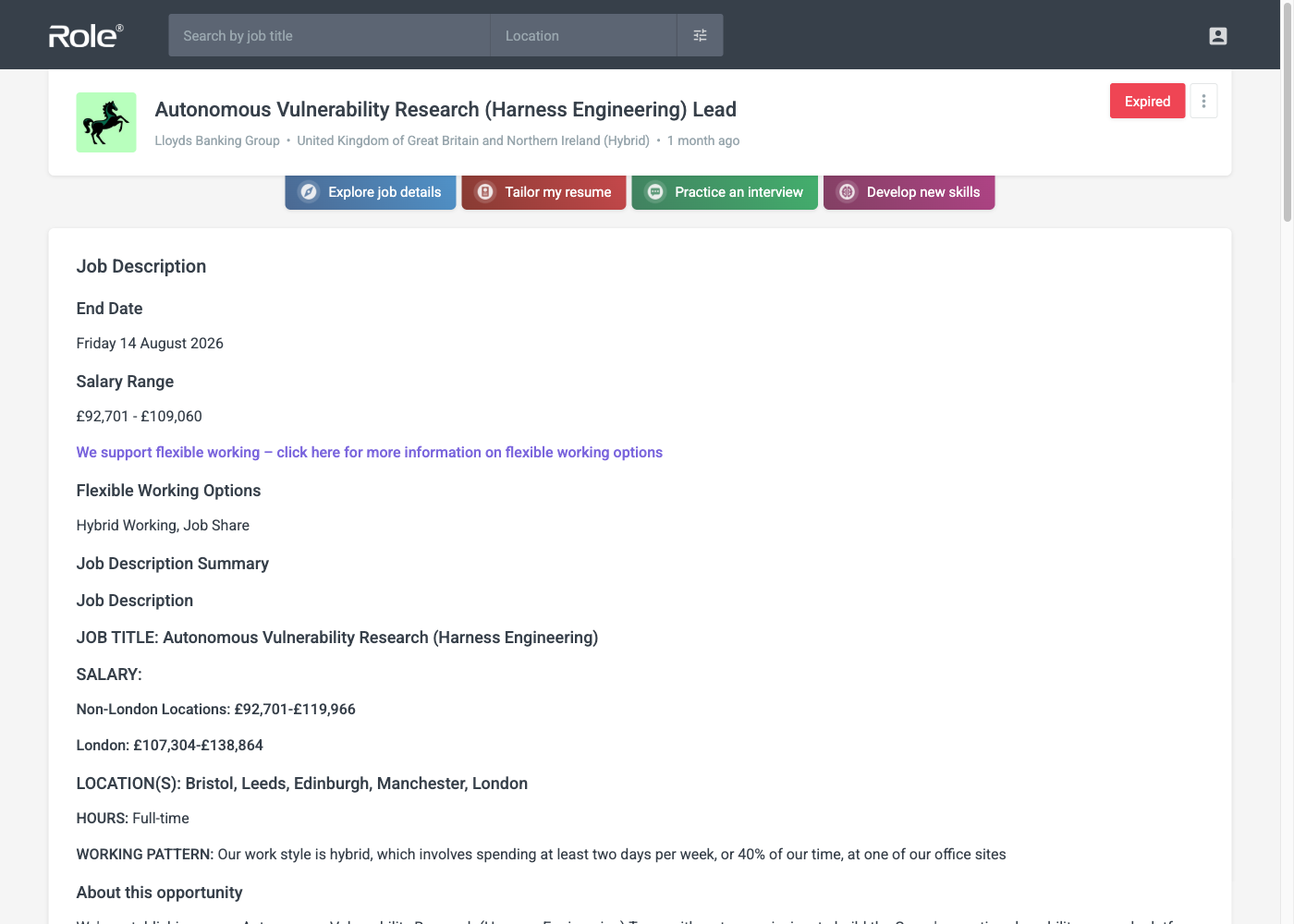 Screenshot of the Lloyds Banking Group Autonomous Vulnerability Research (Harness Engineering) Lead job posting, captured 2026-09-05