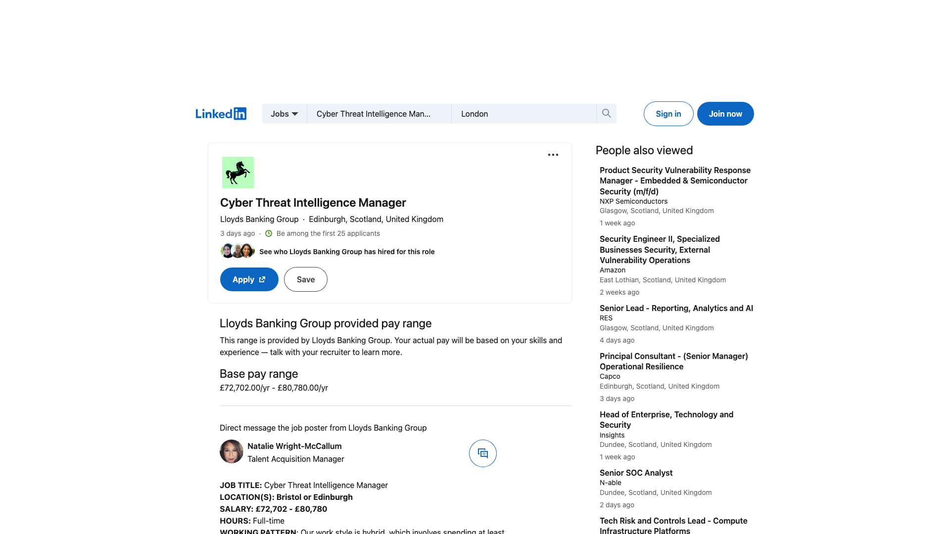 Screenshot of the Lloyds Banking Group Cyber Threat Intelligence Manager job posting, captured 2026-09-05