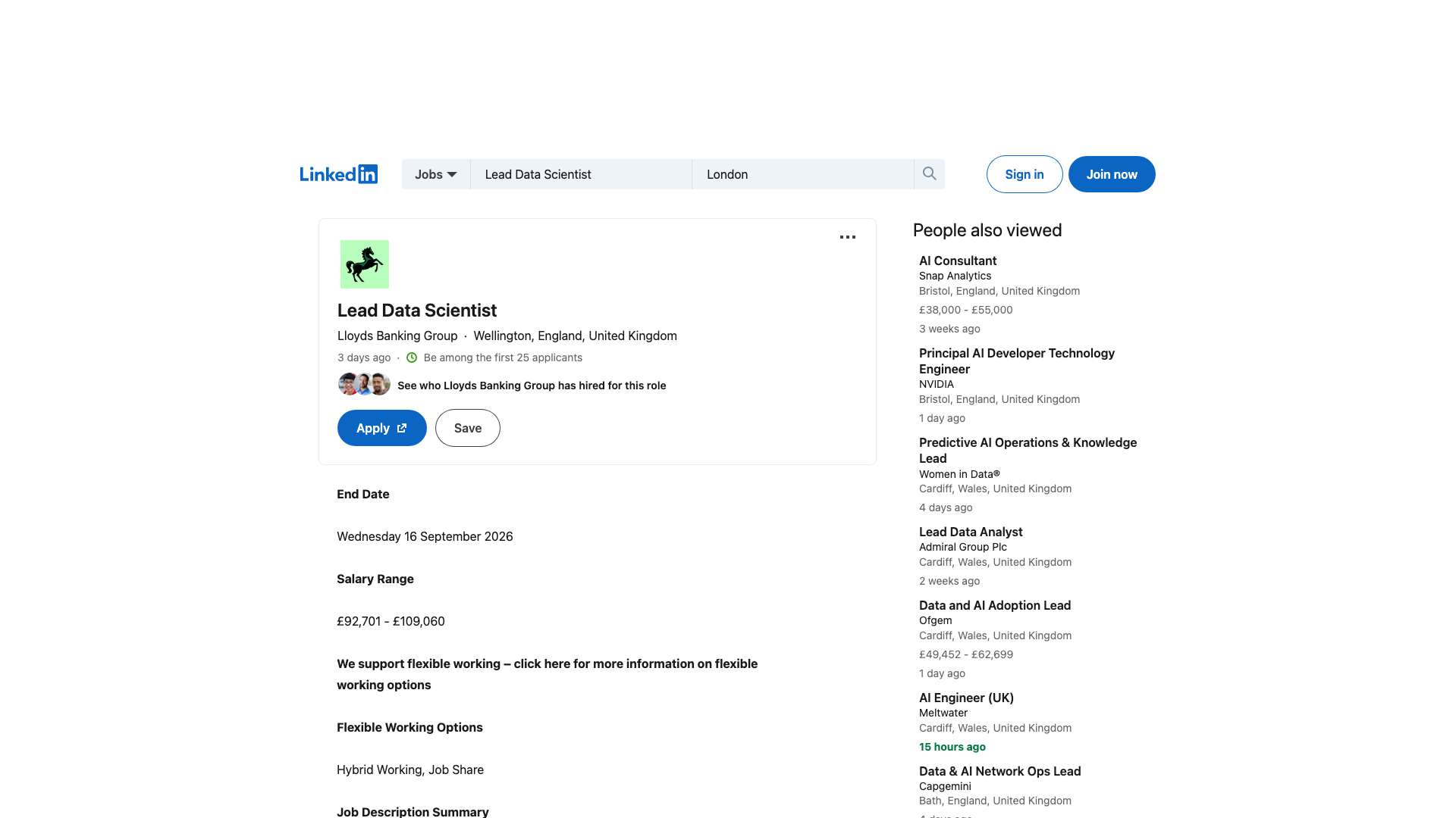Screenshot of the Lloyds Banking Group Lead Data Scientist (CSO Security Data & AI Lab) job posting, captured 2026-09-05