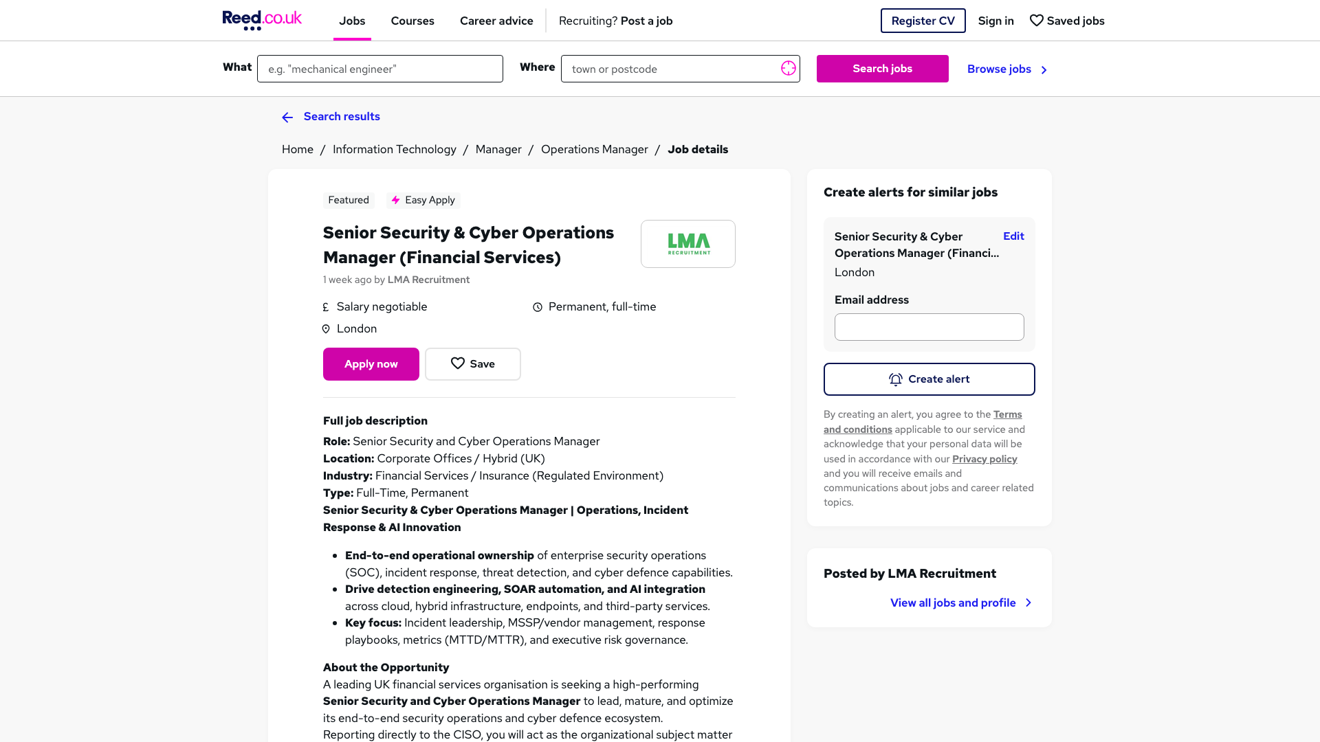 Screenshot of the LMA Recruitment Senior Security & Cyber Operations Manager (Financial Services) job posting, captured 2026-10-22
