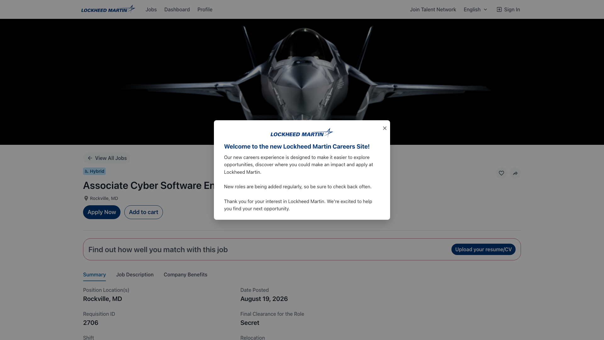Screenshot of the Lockheed Martin Associate Cyber Software Engineer (LM-CIRT & Red Team) job posting, captured 2026-09-05