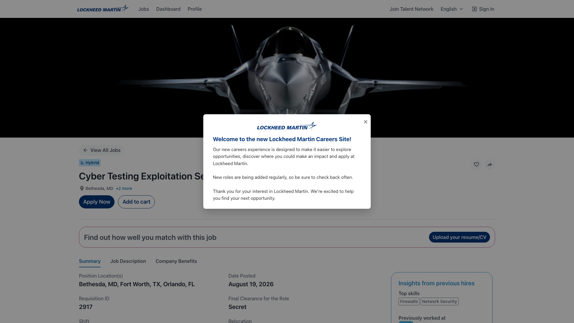 Screenshot of the Lockheed Martin Cyber Testing Exploitation Senior (Red Team) job posting, captured 2026-09-05