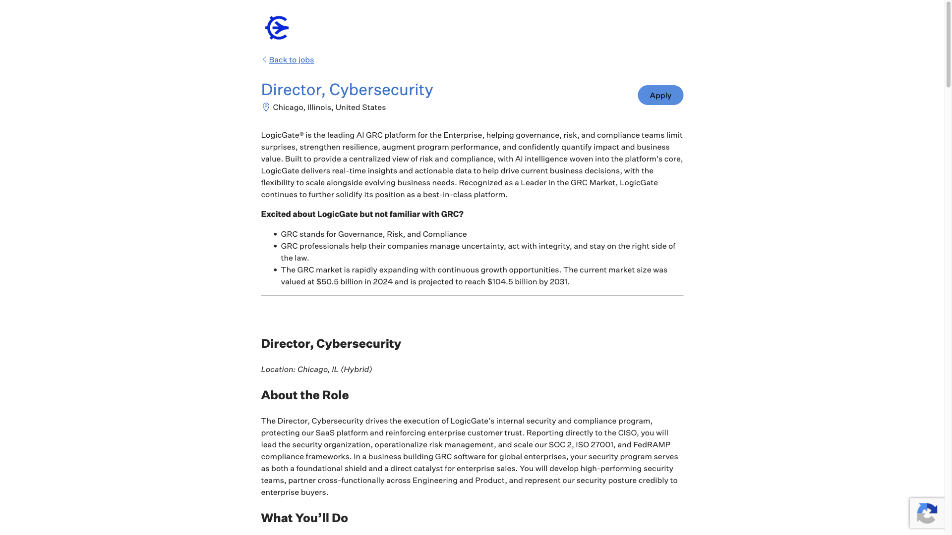 Screenshot of the LogicGate Director, Cybersecurity job posting, captured 2026-09-23