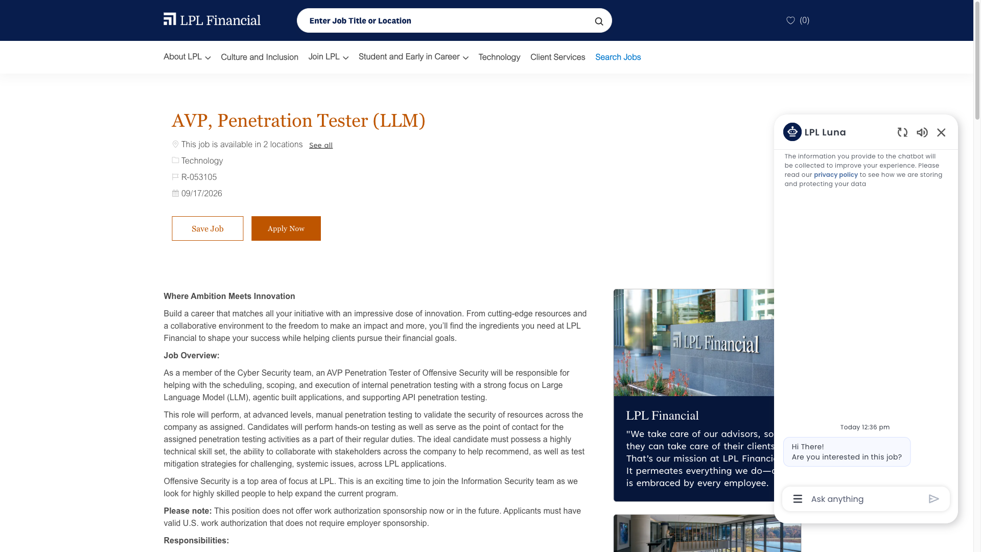 Screenshot of the LPL Financial AVP, Penetration Tester (LLM) job posting, captured 2026-09-23