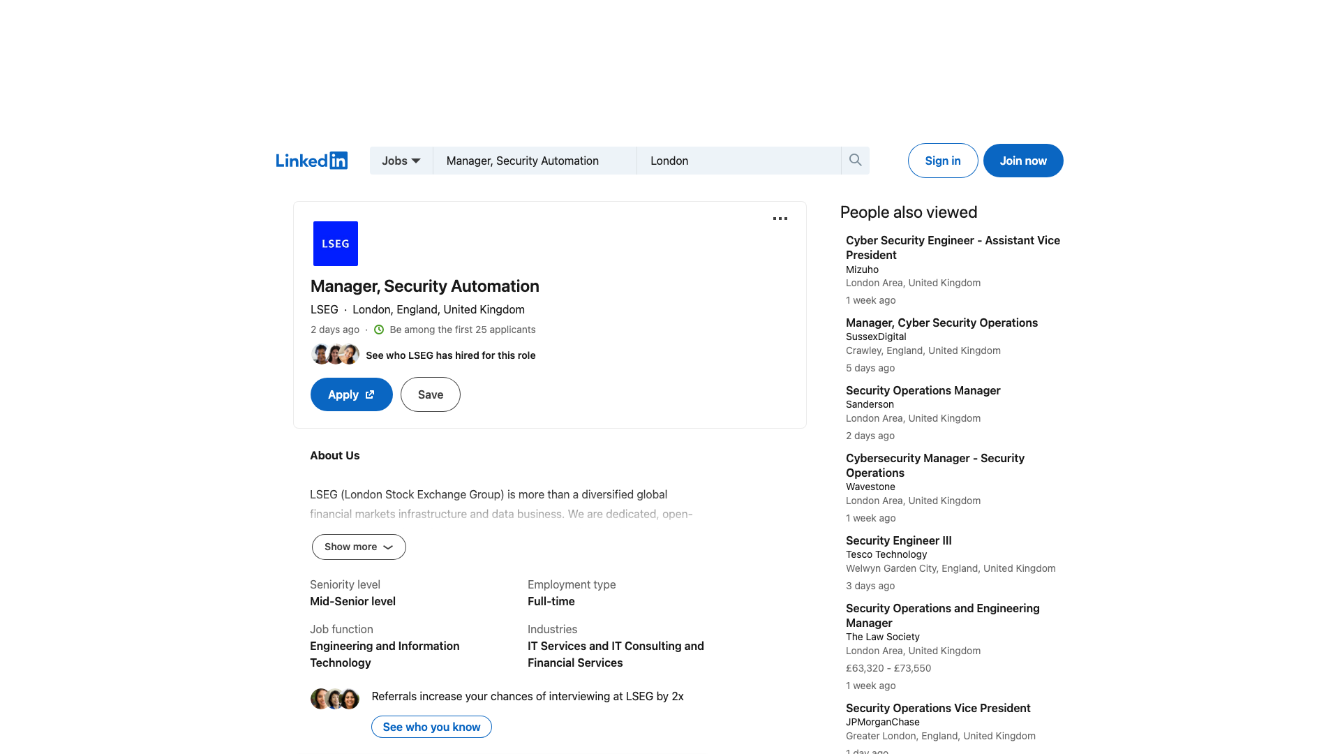 Screenshot of the LSEG Manager, Security Automation job posting, captured 2026-09-05
